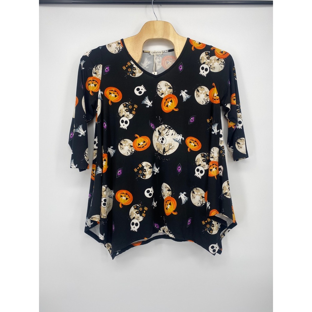LARACE Halloween Pumpkin Ghost Skull Tunic Top Women 3X Black 3/4 Sleeve Swing